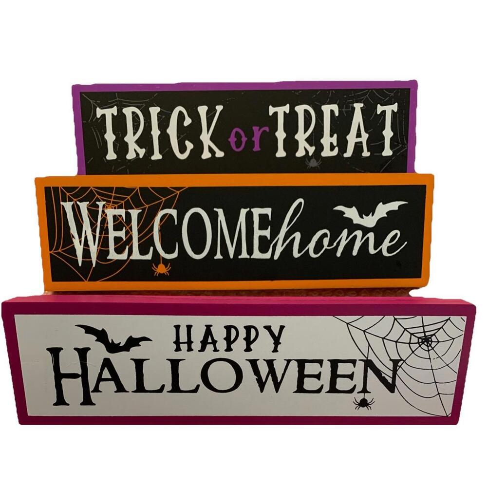 3 Piece Wooden Halloween Sign Decor Welcome Home Trick Or Treat Happy Halloween